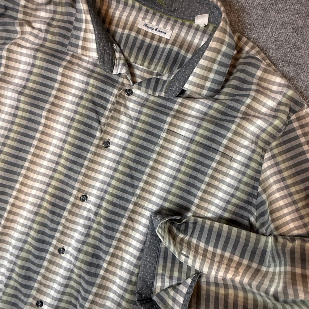 Tommy Bahama Mens 3XL Plaid Button Down Shirt Silk Blend Grey Green Long Sleeve